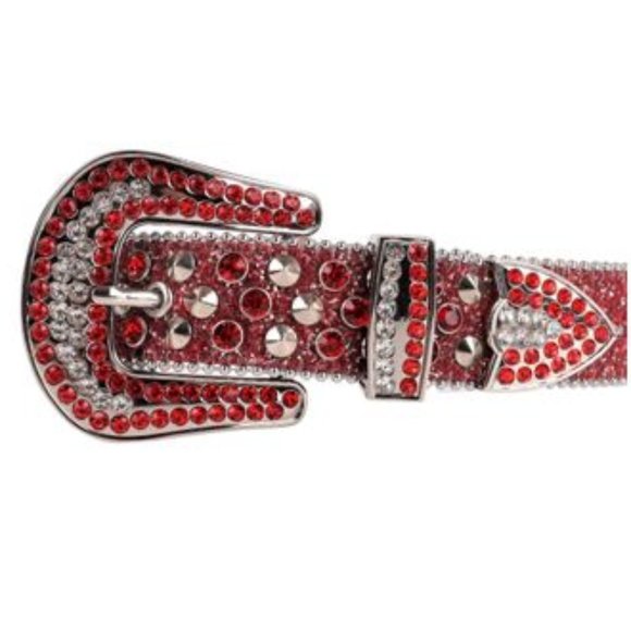 Rhinestone Belt - SUN034 - Red Glitter Belt with Red Rhinestones & Silver Spikes - Picture 4 of 4